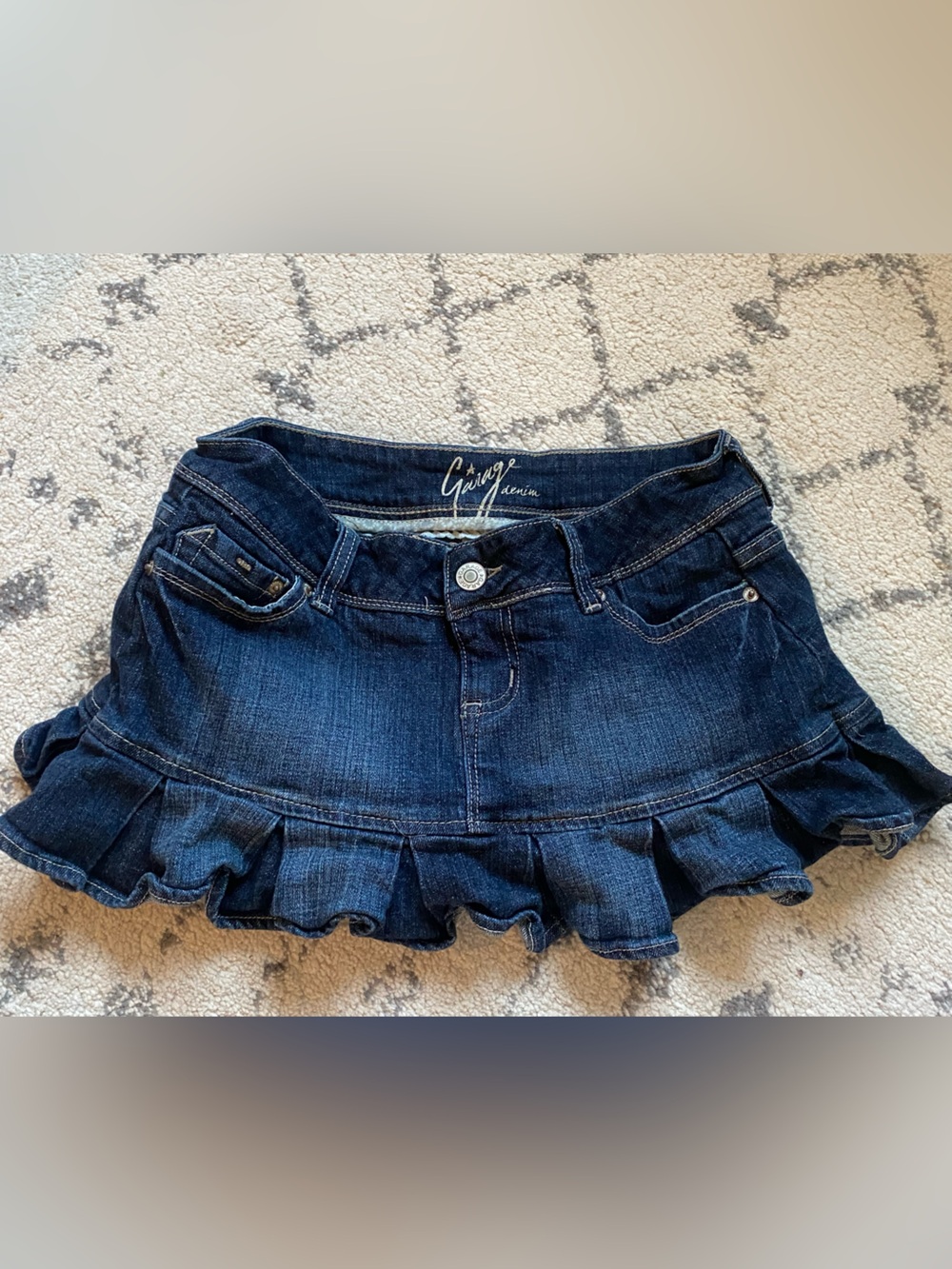 Y2K Garage Dark Wash Ruffle-Hem Denim Mini Micro Skirt